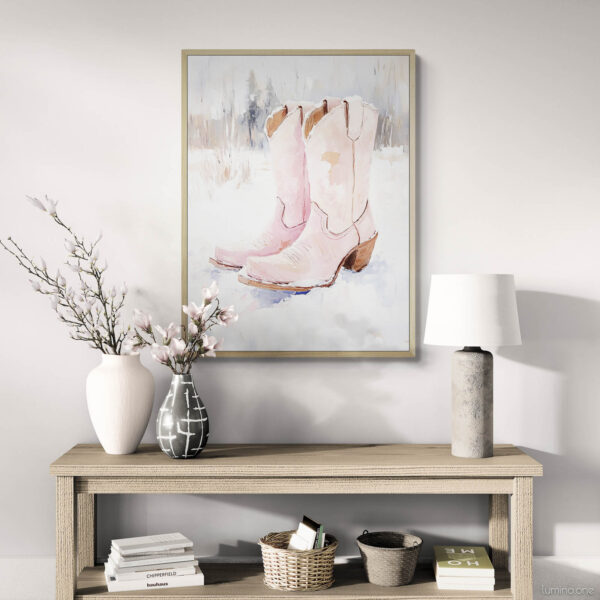 Pink Winter Cowgirl Painting - Bright Natural Wood Console Table with Lamps and Vases in Organic Modern Style - Pink Cowboy Boots in Snow