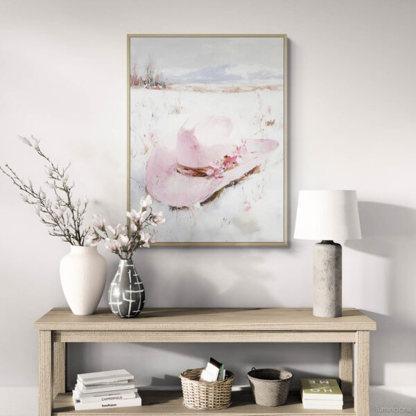 Pink Winter Cowgirl Painting - Bright Natural Wood Console Table with Lamps and Vases in Organic Modern Style - Pink Cowboy Hat in Snow