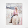 Pink Winter Cowgirl Painting - Gallery Wrap Canvas - Girl Riding on a Horse in Snowy Mountain Landscape
