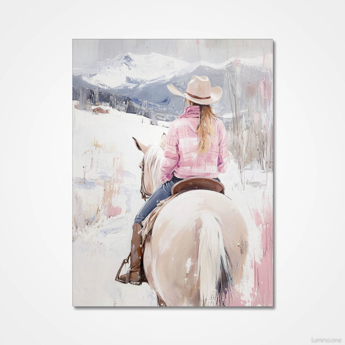 Pink Winter Cowgirl Painting - Gallery Wrap Canvas - Girl Riding on a Horse in Snowy Mountain Landscape