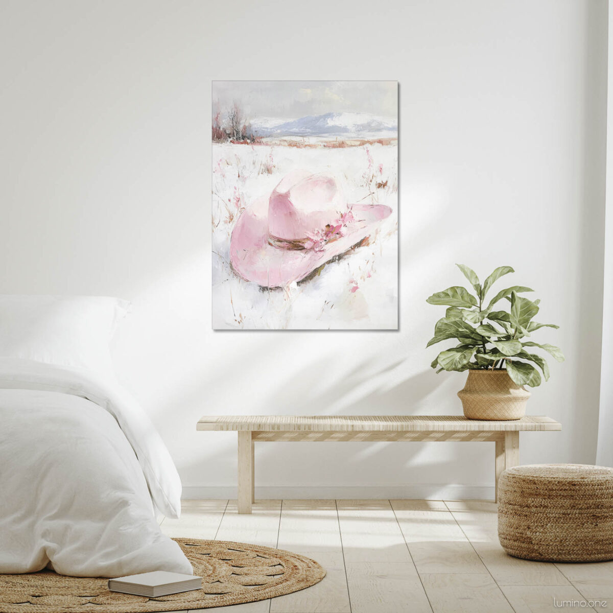 Pink Winter Cowgirl Painting - Gallery Wrap Canvas - Natural Wood Organic Modern Bedroom - Pink Cowboy Hat in Snow
