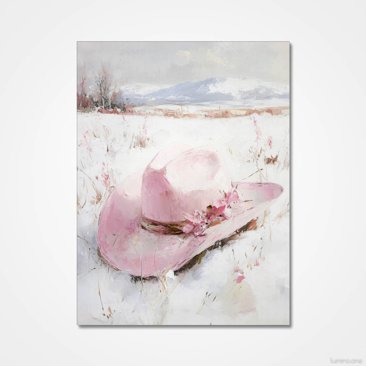 Pink Winter Cowgirl Painting - Gallery Wrap Canvas - Pink Cowboy Hat in Snow
