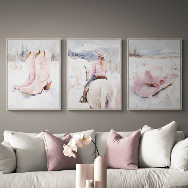 Pink Winter Cowgirl Painting - Set of 3 - Cozy Living Room with Comfy Sofa - Pink Cowboy Hat, Boots and Girl Riding on a Horse