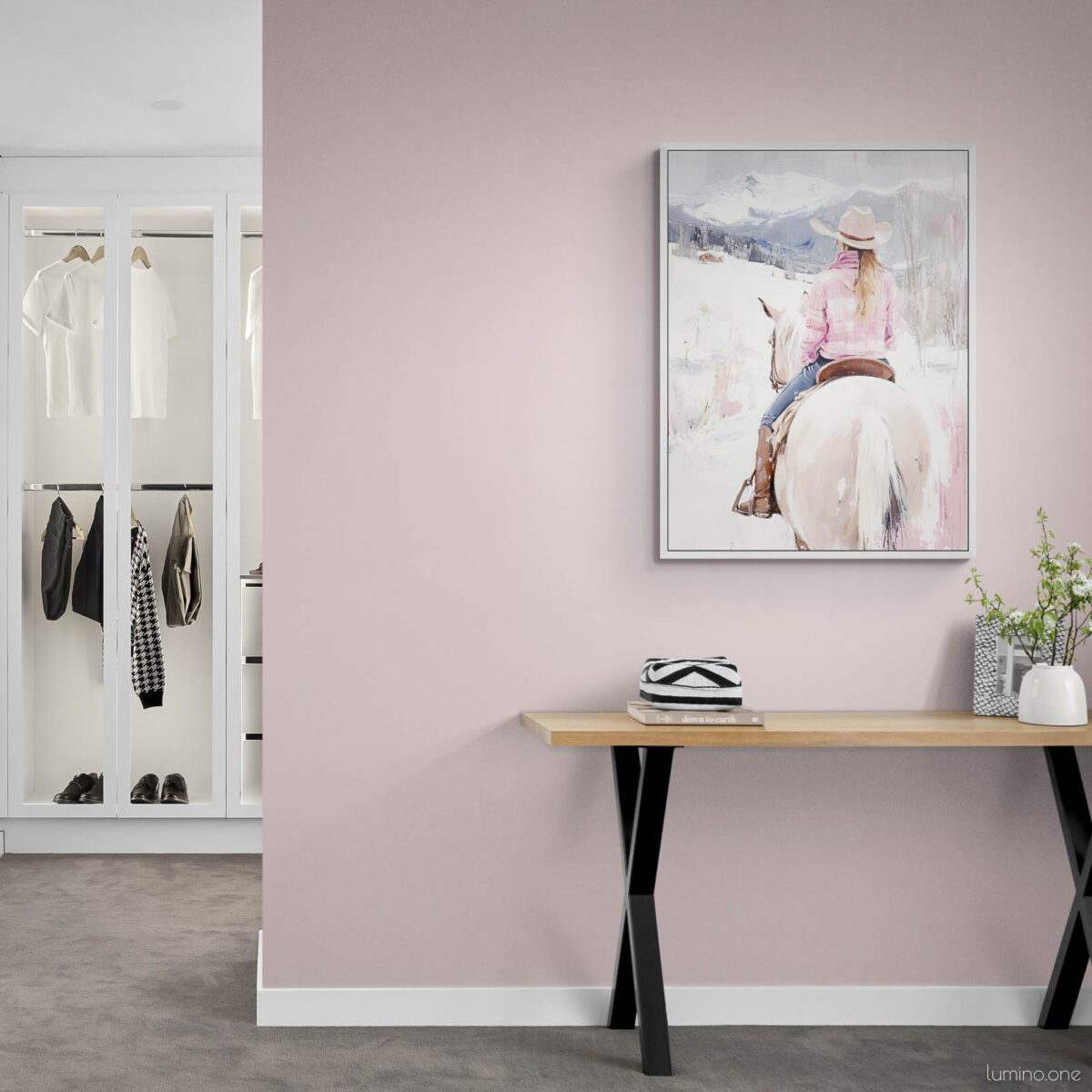 Pink Winter Cowgirl Painting in a Pink Coquette Bedroom with Luxury Closet - Girl Riding on a Horse in Snowy Mountain Landscape
