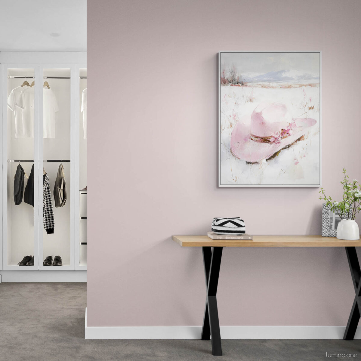 Pink Winter Cowgirl Painting in a Pink Coquette Bedroom with Luxury Closet - Pink Cowboy Hat in Snow