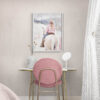 Pink Winter Cowgirl Painting in a Pink Coquette Bedroom with Table and Chair - Girl Riding on a Horse in Snowy Mountain Landscape