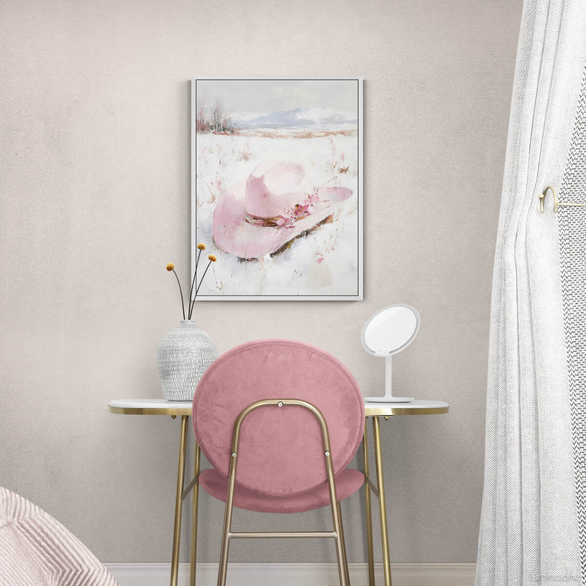 Pink Winter Cowgirl Painting in a Pink Coquette Bedroom with Table and Chair - Pink Cowboy Hat in Snow