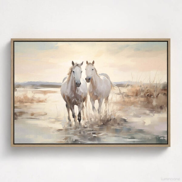 Horses on the Beach Wall Art - 3x2 Aspect Ratio - Natural Wood Floating Frame Canvas