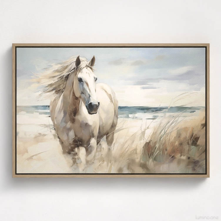 Running Horse on the Beach Wall Art - 3x2 Aspect Ratio - Natural Wood Floating Frame Canvas