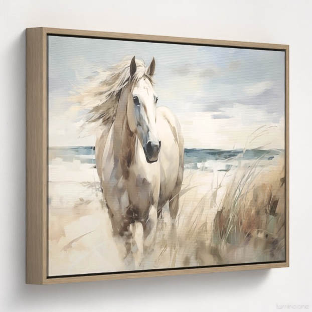 Running Horse on the Beach Wall Art - 3x2 Aspect Ratio - Natural Wood Floating Frame Canvas