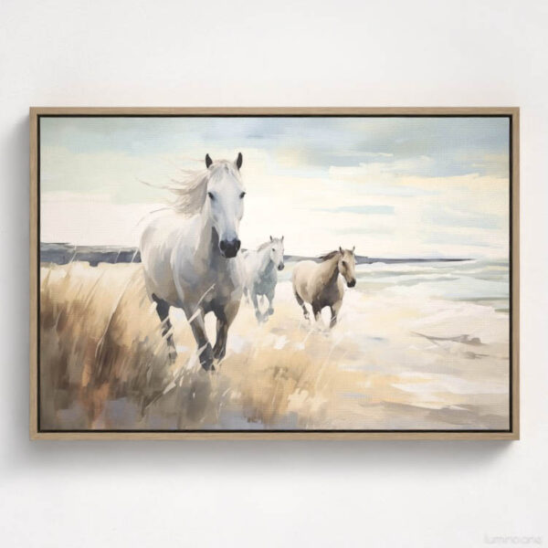 Running Horses on the Beach Wall Art - 3x2 Aspect Ratio - Natural Wood Floating Frame Canvas