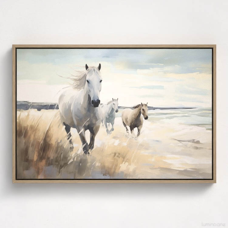 Running Horses on the Beach Wall Art - 3x2 Aspect Ratio - Natural Wood Floating Frame Canvas