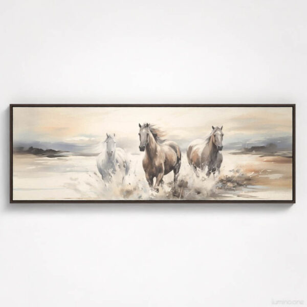 Three Running Horses on the Beach Wall Art - 3x1 Aspect Ratio - Black Floating Frame