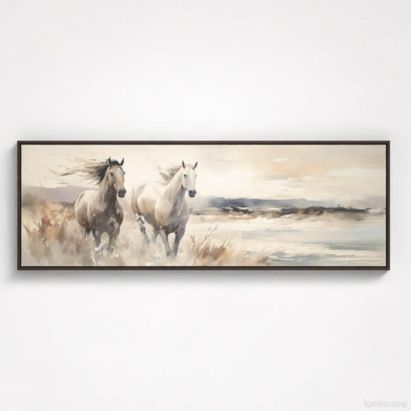 Two Horses Running on the Beach Wall Art - 3x1 Aspect Ratio - Floating Frame Canvas