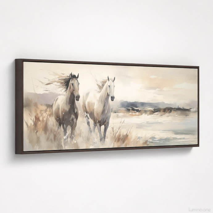 Two Horses Running on the Beach Wall Art - 3x1 Aspect Ratio - Floating Frame Canvas