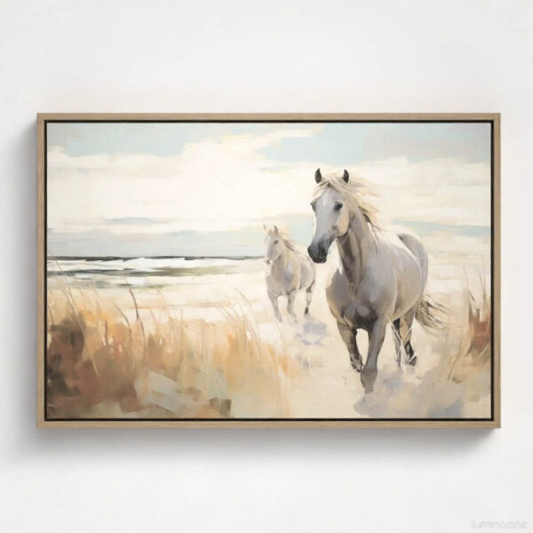 Two Horses Walking on the Beach Wall Art - 3x2 Aspect Ratio - Natural Wood Floating Frame Canvas