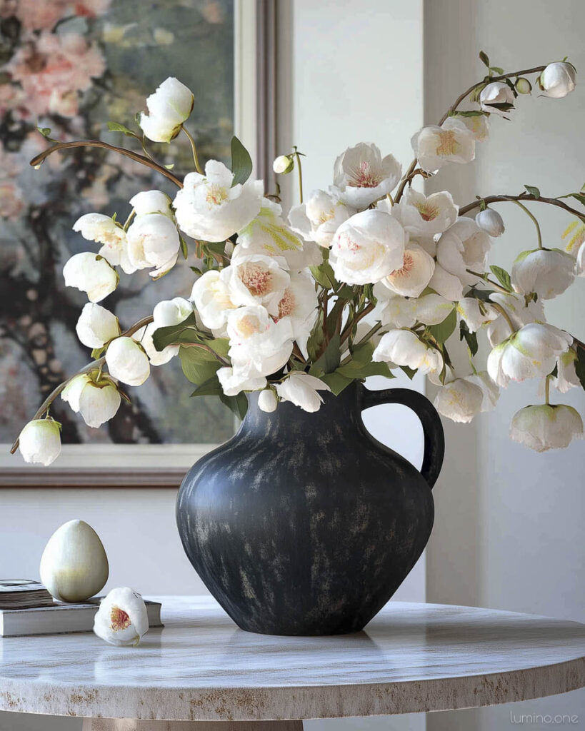 Elegant Spring Coffee Table Styling with White Hellebores in Black Ceramic Pitcher and Minimal Decor Accents