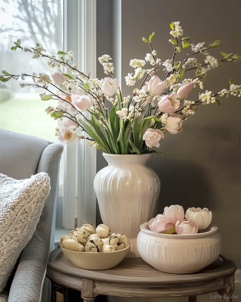 Elegant White Spring Display with Mixed Blooms and Decorative Ceramic Bowls