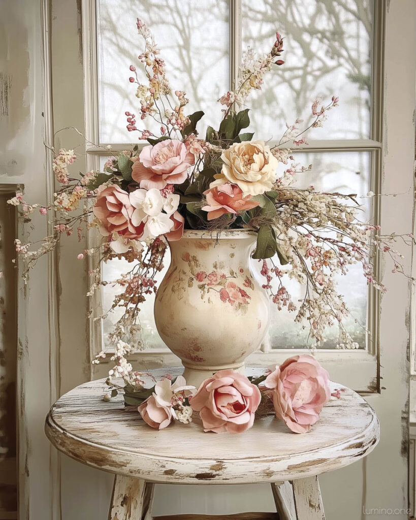 Rustic Shabby Chic Side Table Display with Pink Roses in Floral Transferware Vase