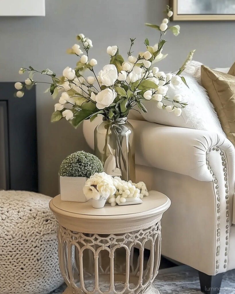 Modern Farmhouse Side Table Styling with White Florals and Geometric Base