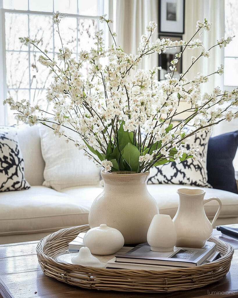 Coffee Table Centerpiece with Cherry Blossoms and White Pottery Collection on Woven Tray