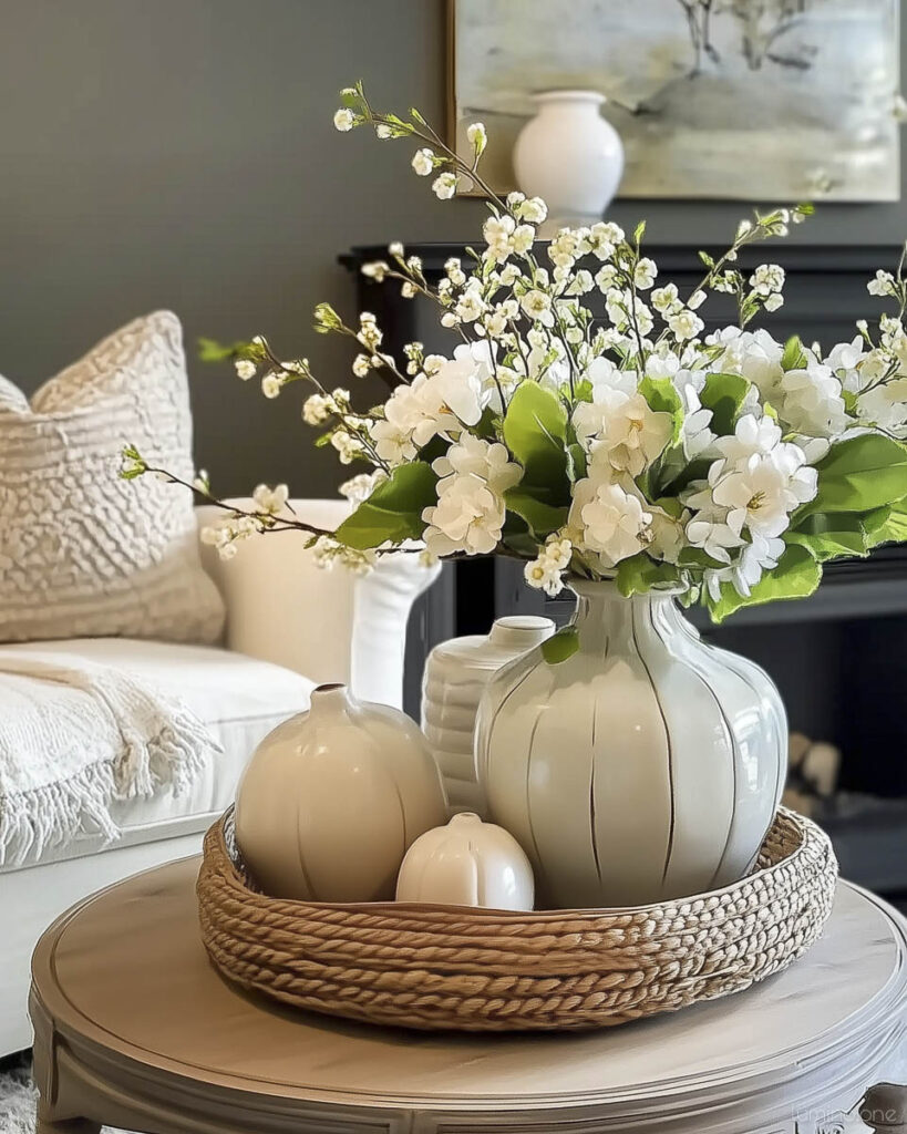 Minimalist Spring Decor with White Florals and Ceramic Pumpkins in Woven Bowl