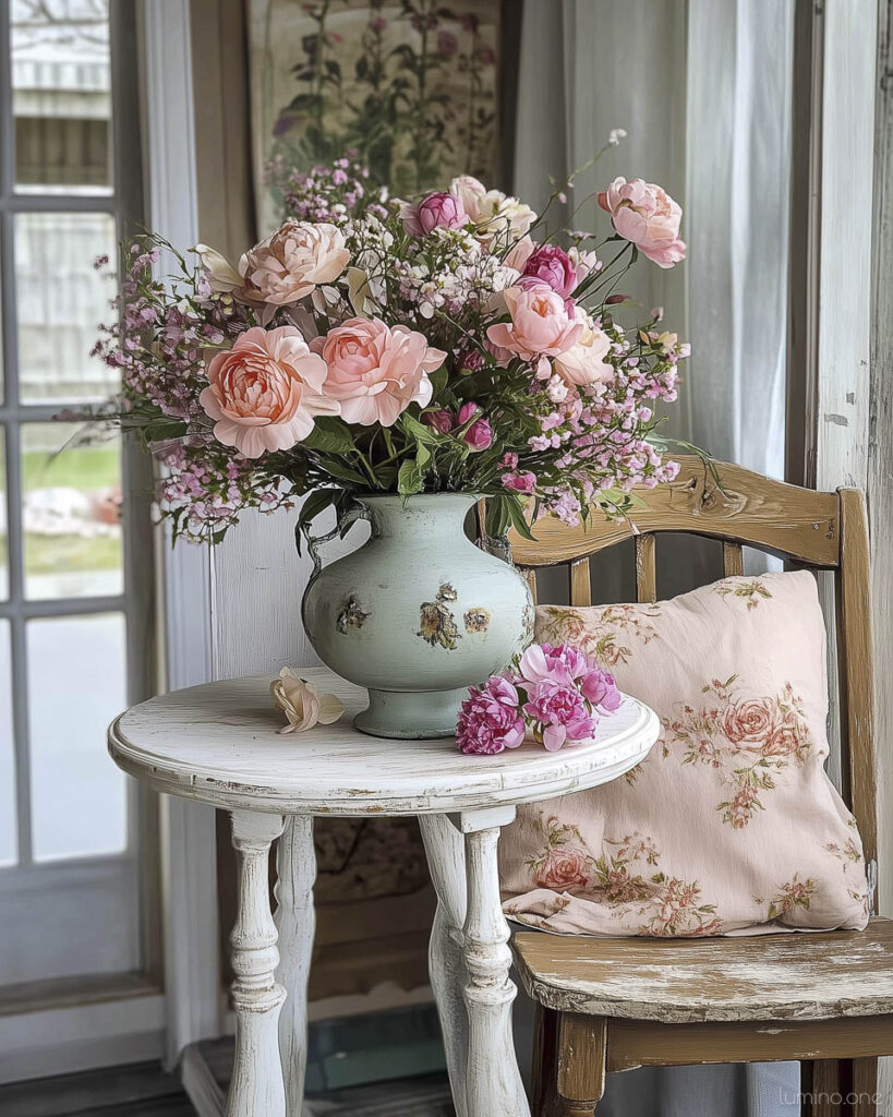 Romantic Spring Vignette with Pink Roses and Vintage Mint Vase