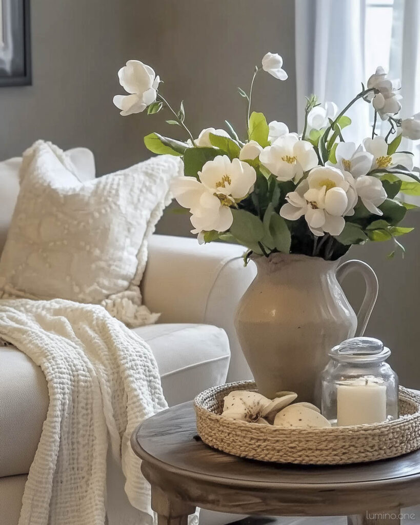 Minimalist Spring Side Table with White Magnolias and Natural Textures