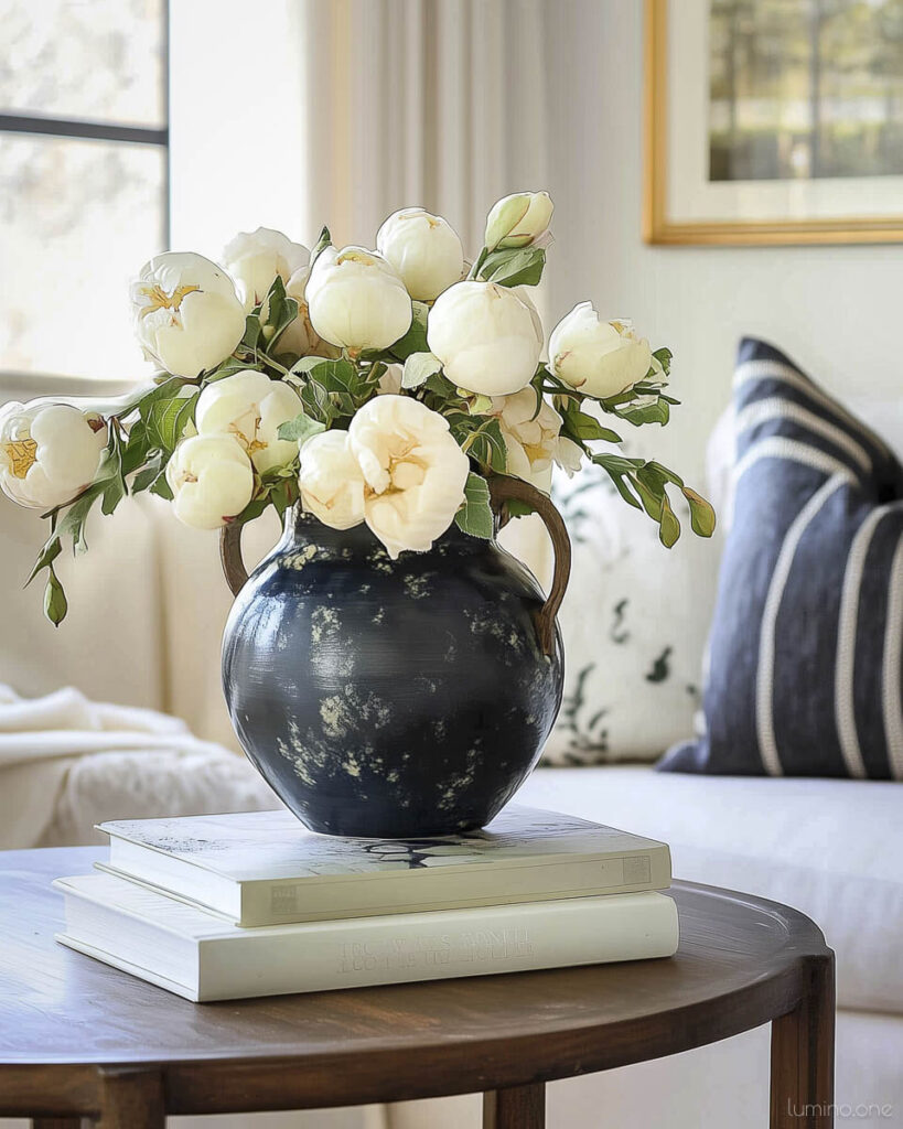 Simple Coffee Table Styling with Cream Peonies in Distressed Black Pottery and Neutral Books