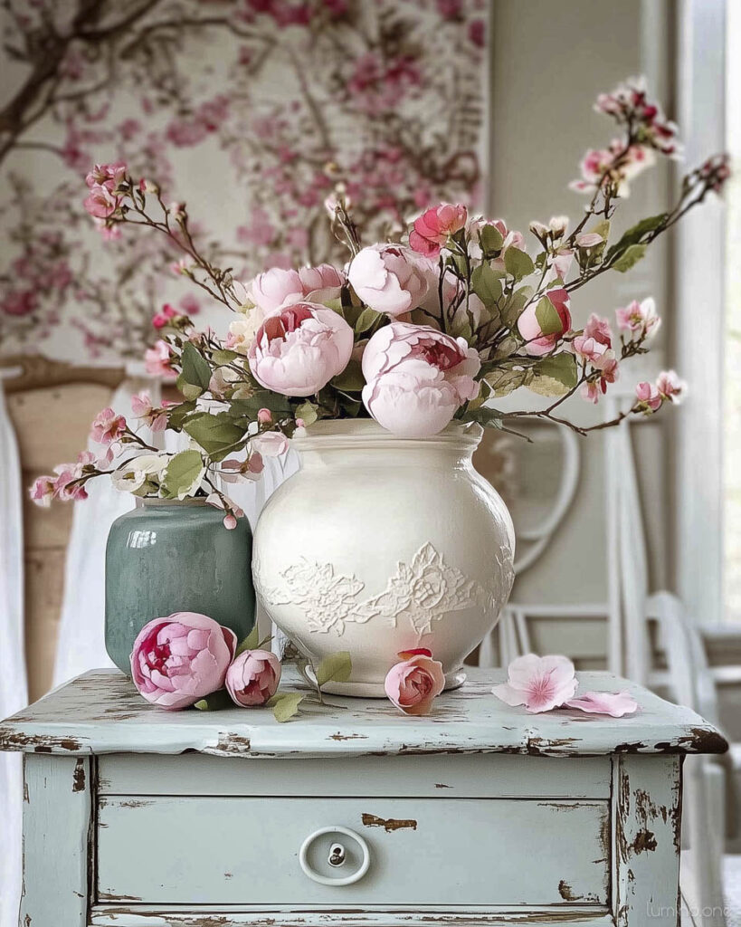 Shabby Chic Spring Side Table Styling with Pink Peonies in Vintage White and Sage Green Vases