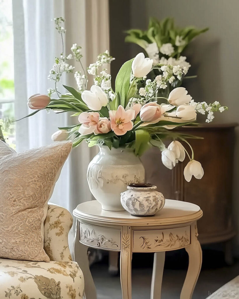 Vintage-Inspired Spring Decor with White Tulips and Baby's Breath in Classic White Vase on Painted Side Table