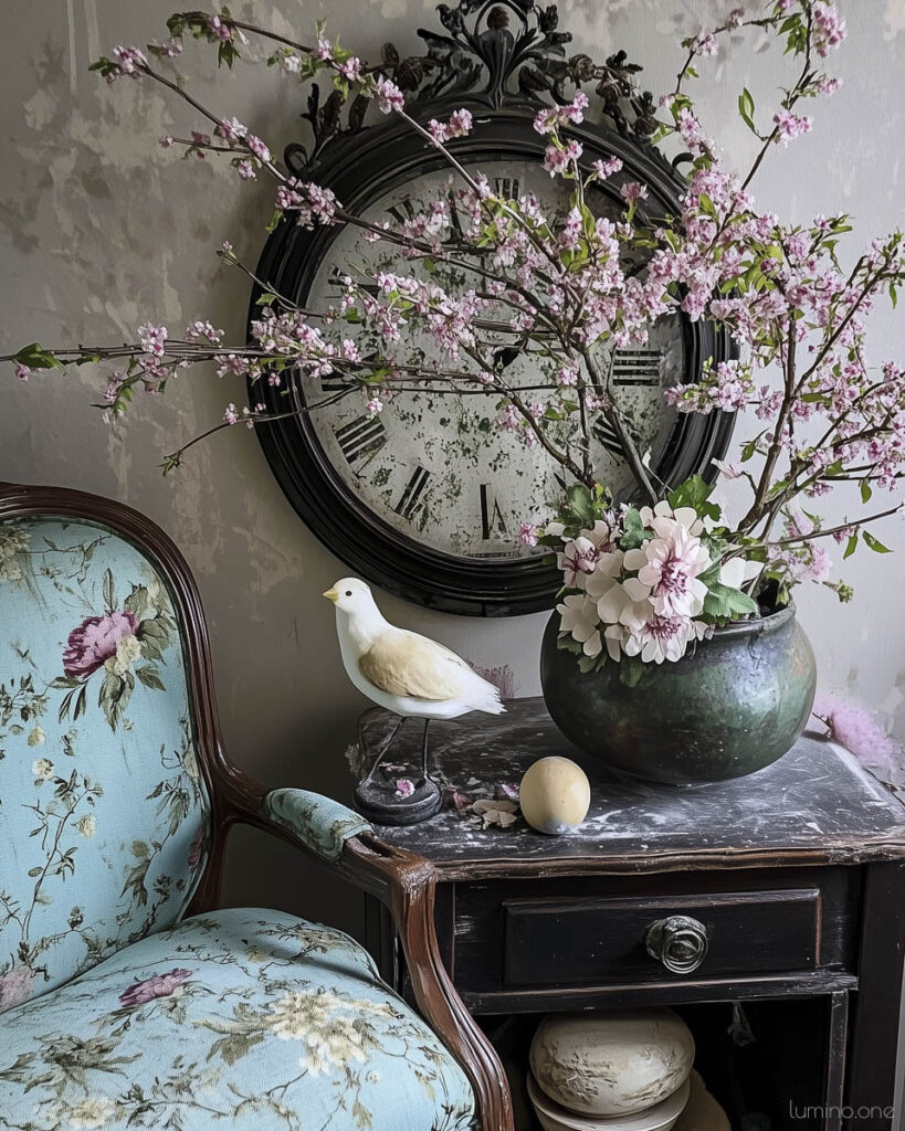 Dark Vintage Side Table Styling with Cherry Blossom Branches, Ceramic Bird, and Antique Clock Backdrop