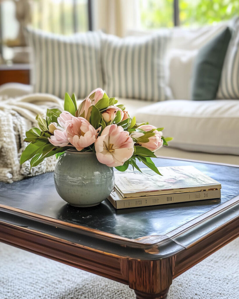 Minimalist Coffee Table Styling with Pink Tulips in Sage Green Vase and Vintage Books