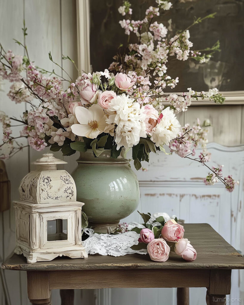 Shabby Chic Spring Vignette with Peonies, Cherry Blossoms, and Vintage Lantern