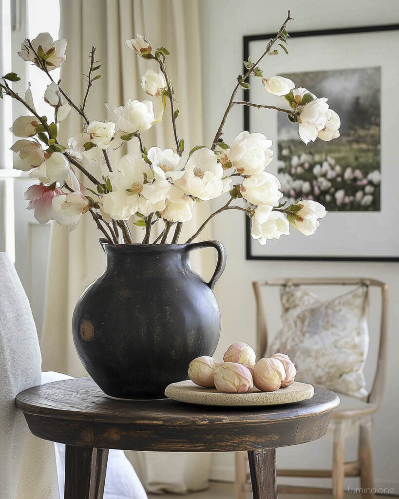 Modern Spring Side Table Styling with White Magnolias in Black Pottery and Natural Stone Accents