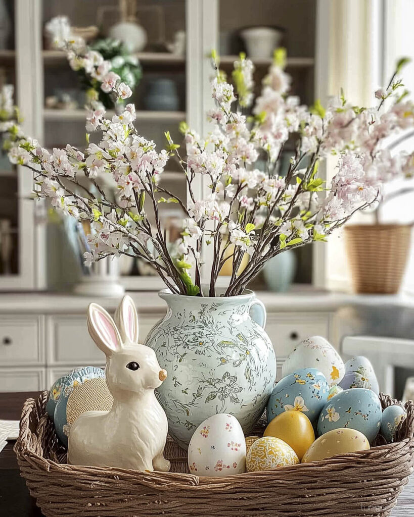 Easter Centerpiece with Cherry Blossoms, Ceramic Bunny, and Decorative Eggs in Natural Basket