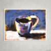 Vibrant abstract coffee cup painting in blues and oranges, modern kitchen wall art, framed coffee artwork for dining area or breakfast nook
