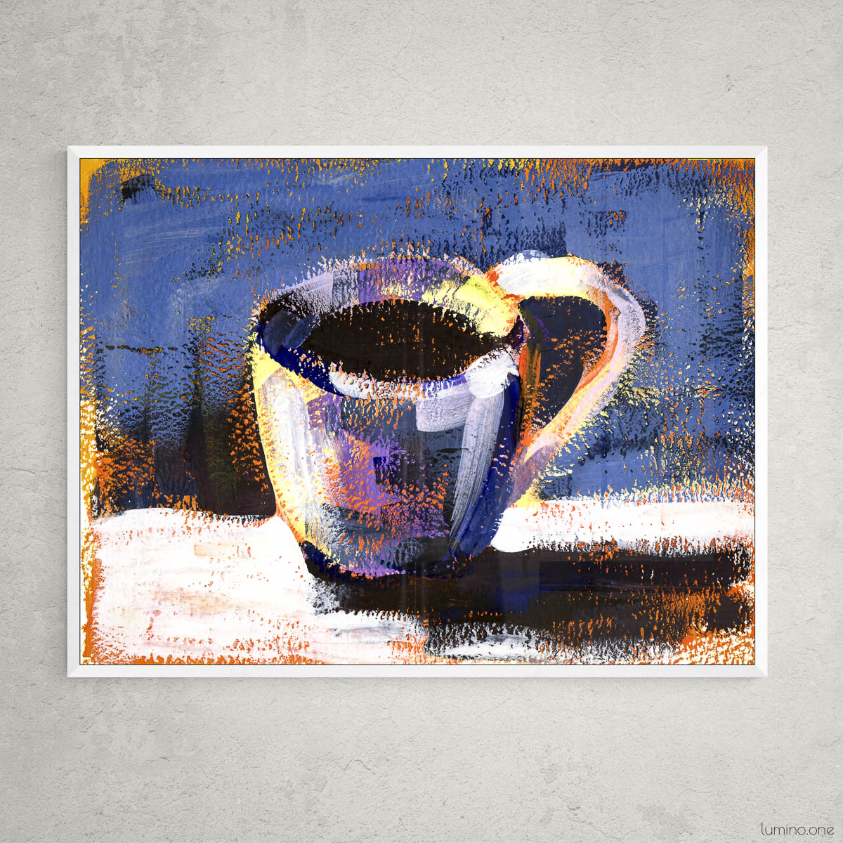 Vibrant abstract coffee cup painting in blues and oranges, modern kitchen wall art, framed coffee artwork for dining area or breakfast nook