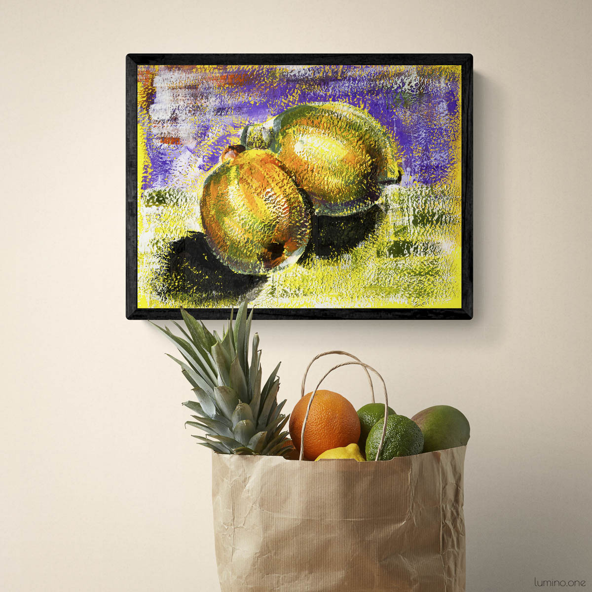 Vibrant lemon art print in black frame displayed above paper grocery bag filled with fresh fruits. Impressionist style citrus painting with bright purple and yellow background perfect for kitchen wall decor, dining room art, or colorful fruit themed home decor. Modern framed food artwork for farmhouse kitchen.