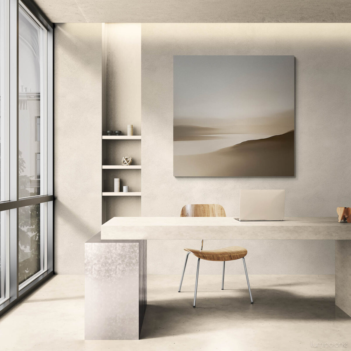 Neutral Minimalist Abstract Landscape Wall Art Earthy Tones - Gallery Wrapped Canvas - Modern Office with Window Views