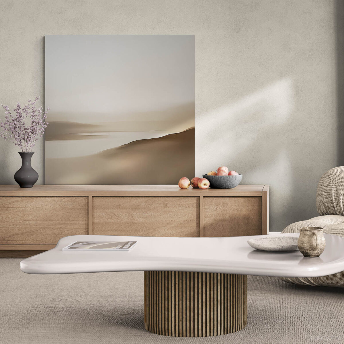 Neutral Minimalist Abstract Landscape Wall Art Earthy Tones - Gallery Wrapped Canvas - Stylish Living Room with Comfy Chair