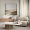 Neutral Minimalist Abstract Landscape Wall Art Earthy Tones - Gallery Wrapped Canvas in Black Float Frame - Styling Living Room with Comfy Chair