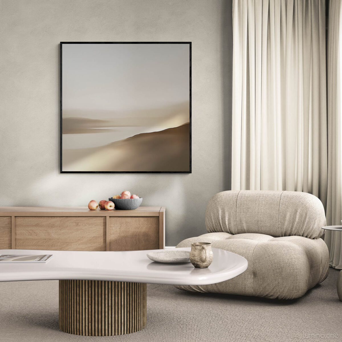 Neutral Minimalist Abstract Landscape Wall Art Earthy Tones - Gallery Wrapped Canvas in Black Float Frame - Styling Living Room with Comfy Chair