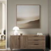 Neutral Minimalist Abstract Landscape Wall Art Earthy Tones - Gallery Wrapped Canvas with Natural Wood Frame - Living Room Entrance with a Wooden Cabinet