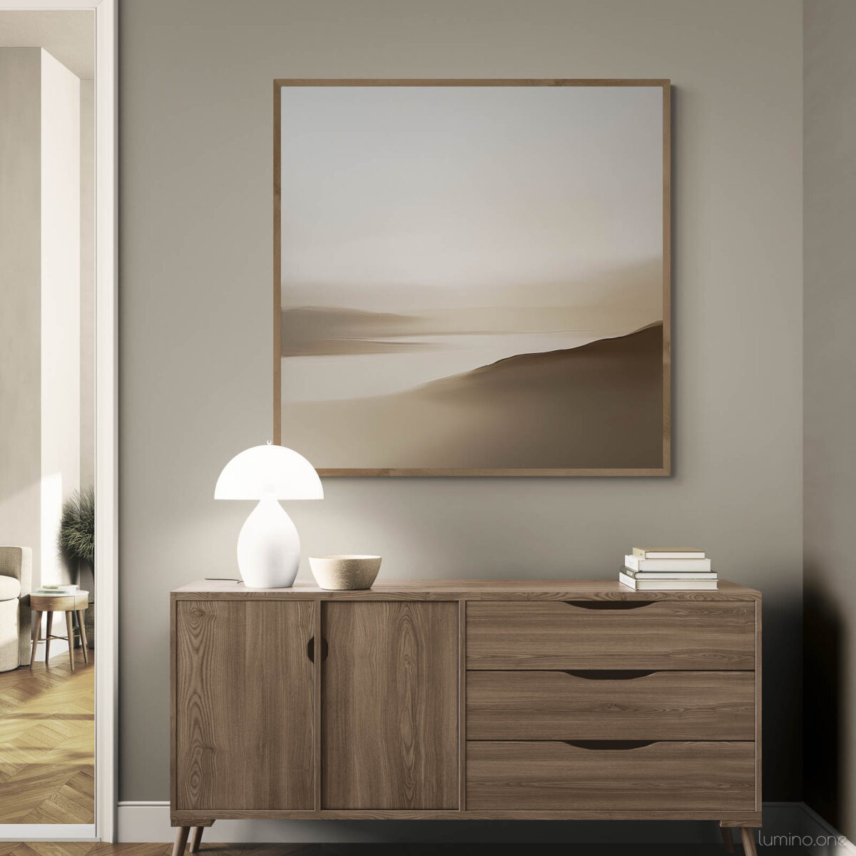 Neutral Minimalist Abstract Landscape Wall Art Earthy Tones - Gallery Wrapped Canvas with Natural Wood Frame - Living Room Entrance with a Wooden Cabinet