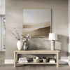 Neutral Minimalist Abstract Landscape Wall Art Earthy Tones - Gallery Wrapped Canvas with Natural Wood Frame - Living Room Entrance with a Wooden Console Table