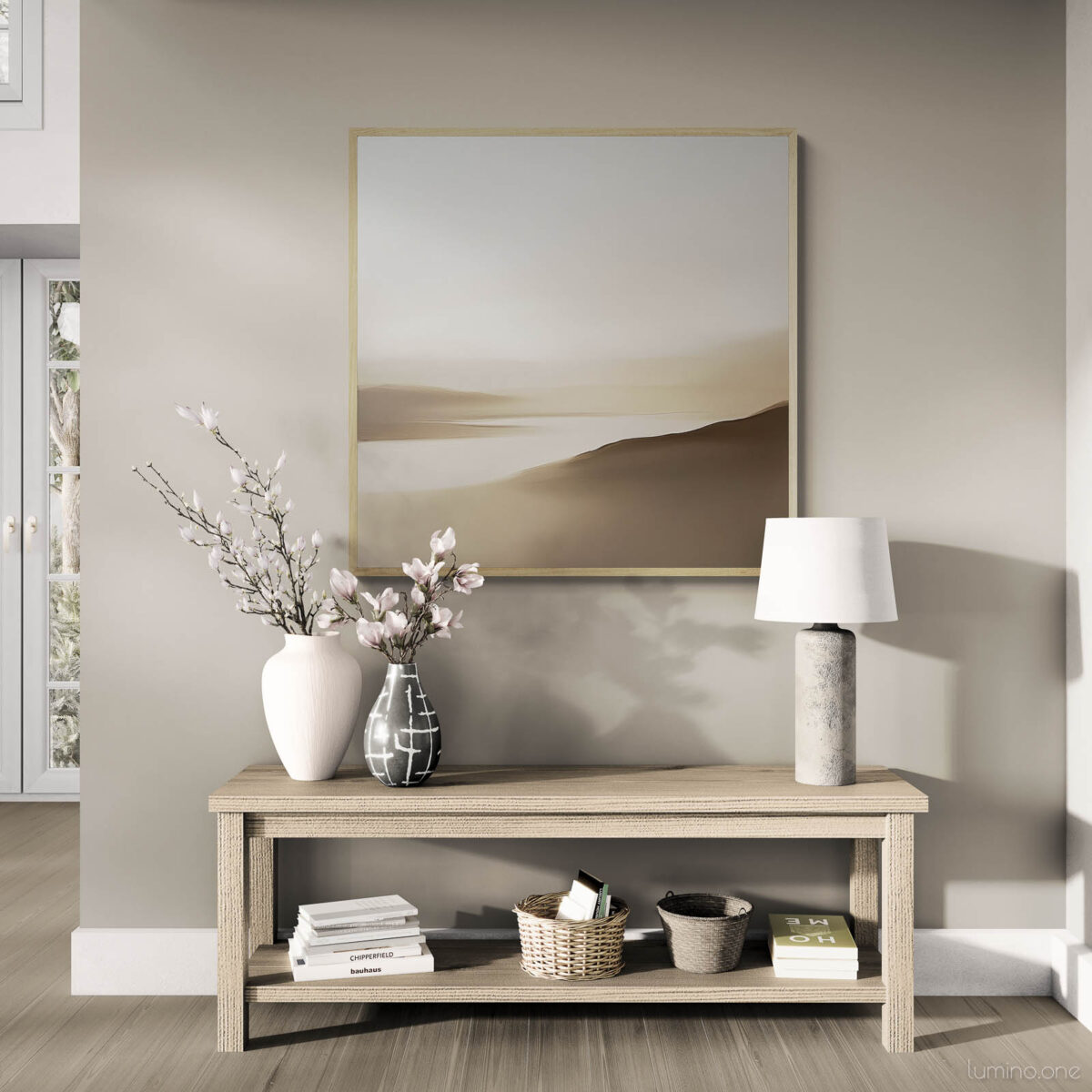Neutral Minimalist Abstract Landscape Wall Art Earthy Tones - Gallery Wrapped Canvas with Natural Wood Frame - Living Room Entrance with a Wooden Console Table