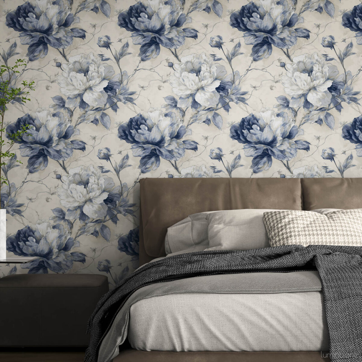 Classic blue peony toile wallpaper as dramatic bedroom statement wall with neutral bedding, modern platform bed and minimalist decor