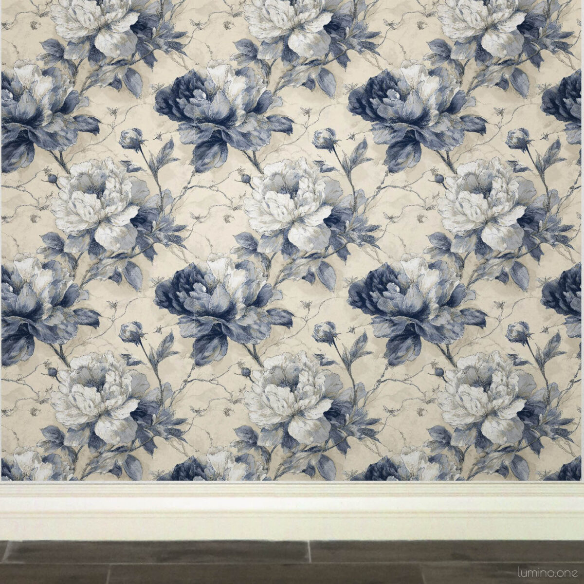 Classic toile wallpaper pattern with fresh blue and cream peonies in elegant traditional floral repeat design