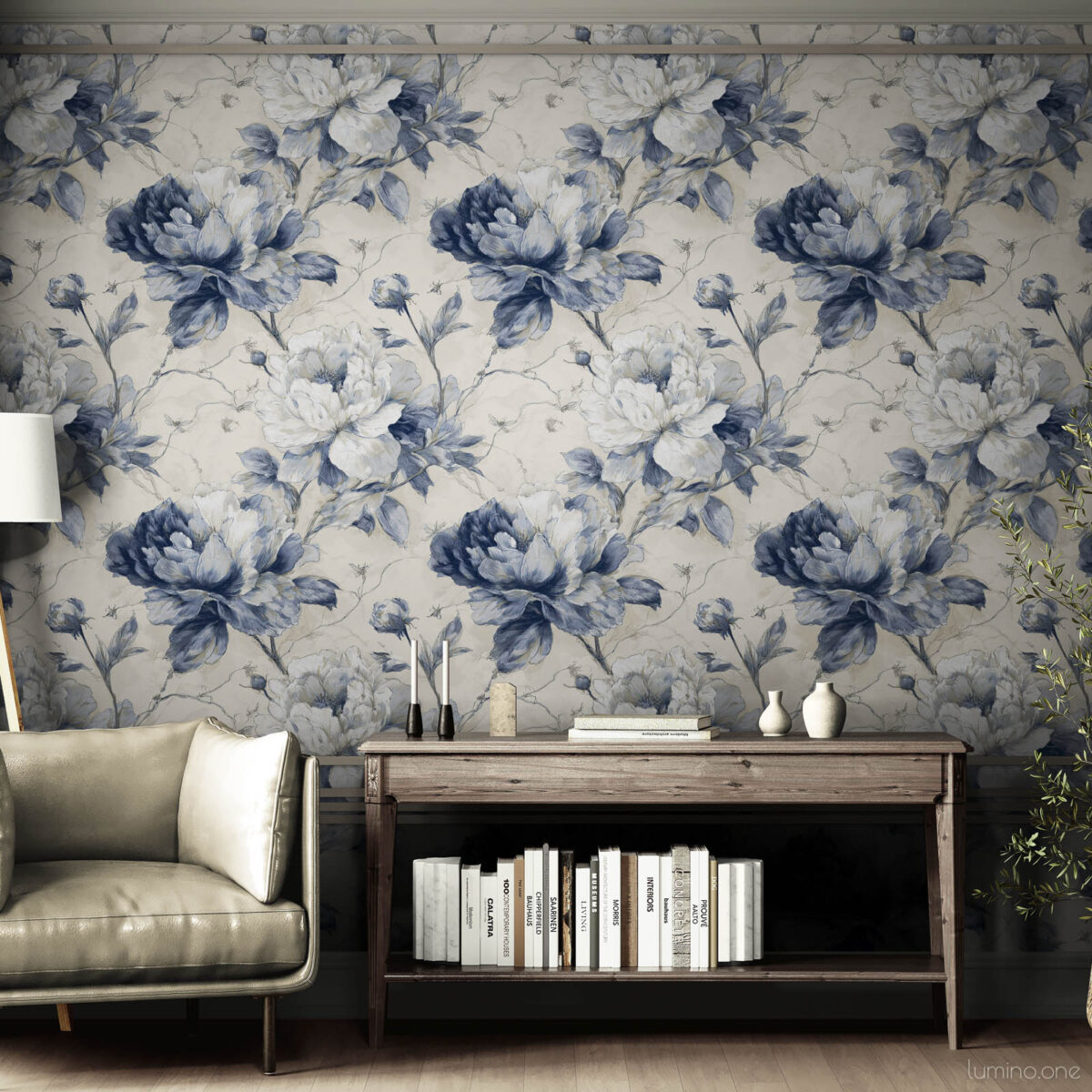 Classic blue peony toile wallpaper displayed in reading nook corner with wood furniture, cozy chair and bright natural light